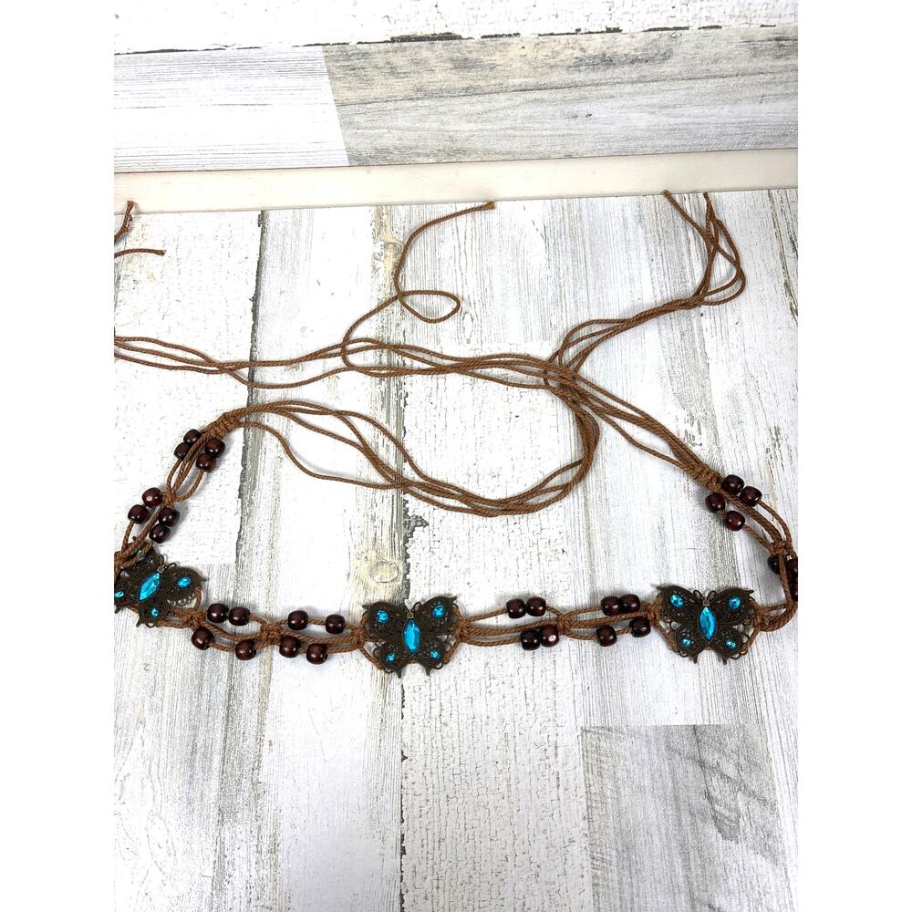 Unbranded Womens One Size Blue Boho Butterfly Jeweled Beaded Rope Waist Belt NEW